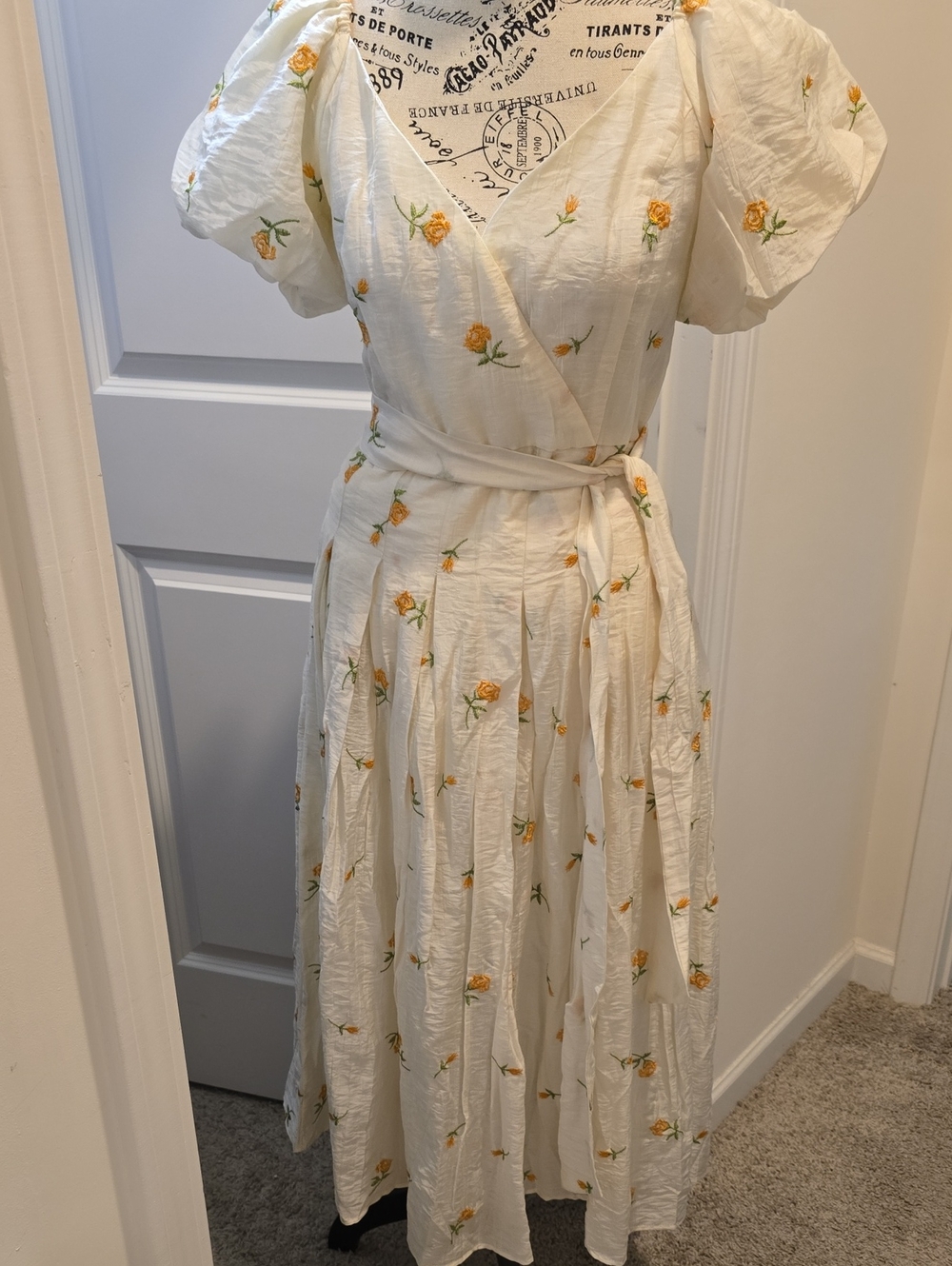 Cream Floral Maxi Wrap Dress with Puff Sleeves
